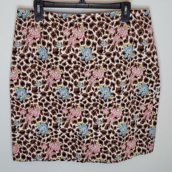 Nicole Miller Skirt 14 Mini Leopard Print Floral Pink Brown Blue Cotton - Picture 1 of 4